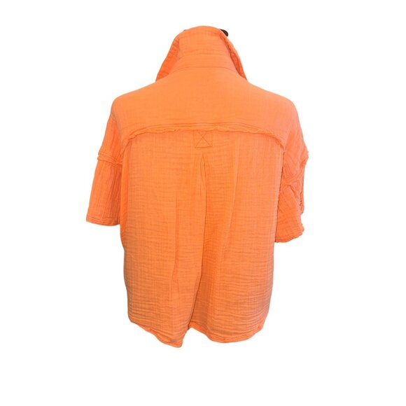 We The Free Orange Cotton Waffle Gauze Textured Short Sleeve Button-Up Shirt L - Picture 3 of 11